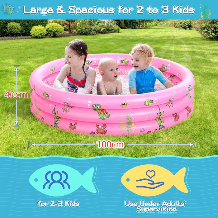 Надувний дитячий басейн, 100X40 см басейн, басейн, надувний басейн, 3 кільця для веслування, надувний басейн, надувний дитячий басейн, дитячий басейн, портативна ванна, дитячий дитячий басейн рожевий