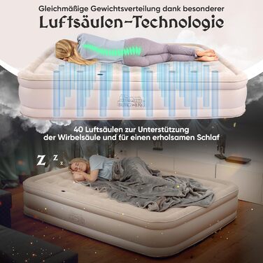 Надувне ліжко 3-в-1 | Гостьове та кемпінгове ліжко | Надувна матрац з електропомпою 150x200 | Самостійно надувна повітряна матрац (2 особи, Бежевий)