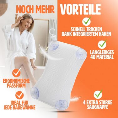 Підголовник для ванни – якісна підтримка шиї та спини – з 4 міцними присосками та інтегрованим гачком (білий)