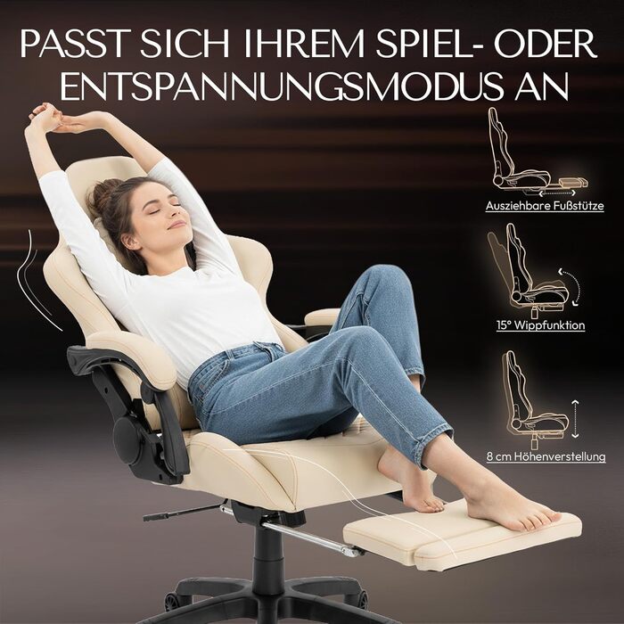 Ігровий крісло Dowinx з регульованою підніжкою, масажером попереку та офісним комфортом, до 200 кг, 165° нахил спинки, бежевий