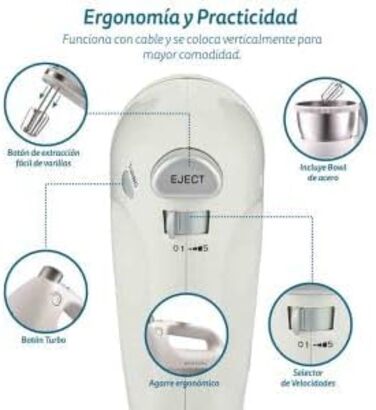 Міксер Grunkel AM-350TURB05BOWL з 5 швидкостями, білий (350 Вт) - з чашею та набором насадок для замішування та збивання