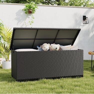 Скриня для подушок садових Polyrattan Amopatio 650л, водонепроникна, з газліфтом, чорна. Ящик для зберігання речей на вулиці для саду, балкону