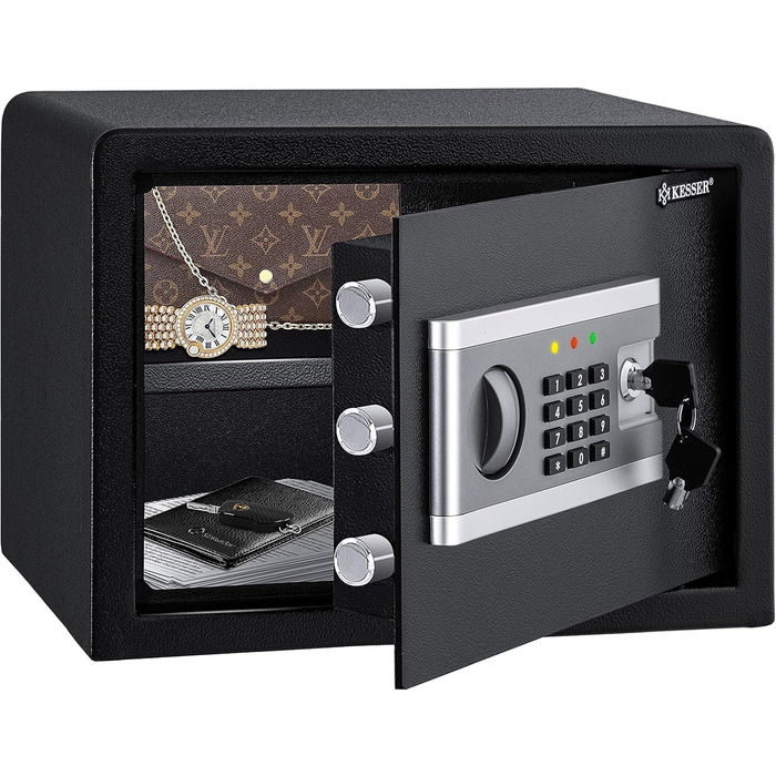 KESSER® Електронний сейф | 38x30x30 см | з батарейним відсіком | Вбудоване освітлення | Настінний/підлоговий сейф | Чорний