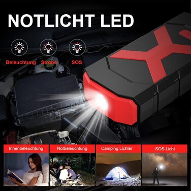 Портативний акумулятор-пусковий пристрій POWKEY для автомобілів, 2000A, 12V, з LED-ліхтариком та 2 USB-виходами (червоний)