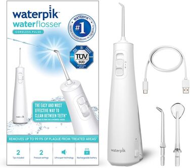 Waterpik Pulse бездротова пульсуюча іригатор, професійний, видаляє наліт 99,9%, 2 режими, очищувач міжзубного простору, білий