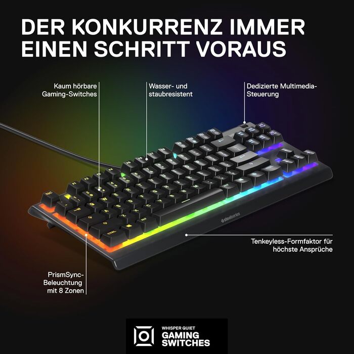 Клавіатура SteelSeries Apex 3 TKL для ігор – RGB, компактний TKL, 8 зон RGB-підсвічування, стійка до води та пилу, тихі ігрові клавіші, DE Layout QWERTZ, чорний колір