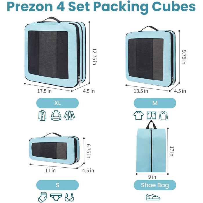 Набір компресійних органайзерів для подорожей з сіткою, розширювані пакувальні куби для одягу в валізу, 4 шт. (М'ятний)
