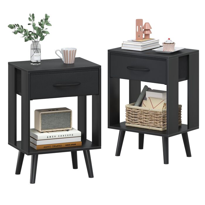 Набір з 2 тумбочок до ліжка, 40x30x60.3 см, чорний колір. Тумбочки з шухлядою для спальні, дитячої кімнати, як подарунок. Настільний столик, приліжкова тумбочка.