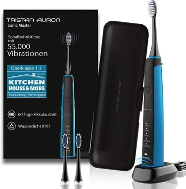 Електрична зубна щітка Tristan Auron SonicMaster (Блакитна) - 5 режимів, 55,000 VPM, таймер 2 хв, 6 насадок + чохол для подорожей. Без ризику - 100 днів тестування, акумулятор - 60 днів.