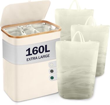 Кошик для білизни Youdenova з кришкою, великий, 160л, бамбук та дерево, сортувальник для білизни, білий