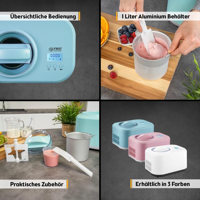 Електрична морозиво-машина TZS First Austria 1L з компресором 3-в-1 - для морозива, сорбету та замороженого йогурту, з мірним стаканчиком та лопаткою, колір м'ятний