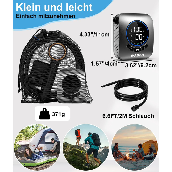 Портативна душова кабіна WADEO з насосом, 8000mAh, LED-дисплей, для кемпінгу та подорожей