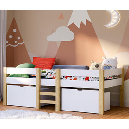 Дитяче ліжечко Bellabino Aspy із захистом від падіння, ліжко-горище біле в т.ч. рейковий каркас та 2 висувні ящики, напіввисоке ліжко з місцем для зберігання натуральне/біле, ліжко-горище 90х200 см біле з висувними ящиками