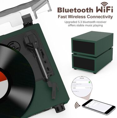 Вініловий програвач Udreamer з Bluetooth 5.3, двома стерео динаміками, підтримкою 3 швидкостей, AUX, USB, ретро дизайн, темно-зелений