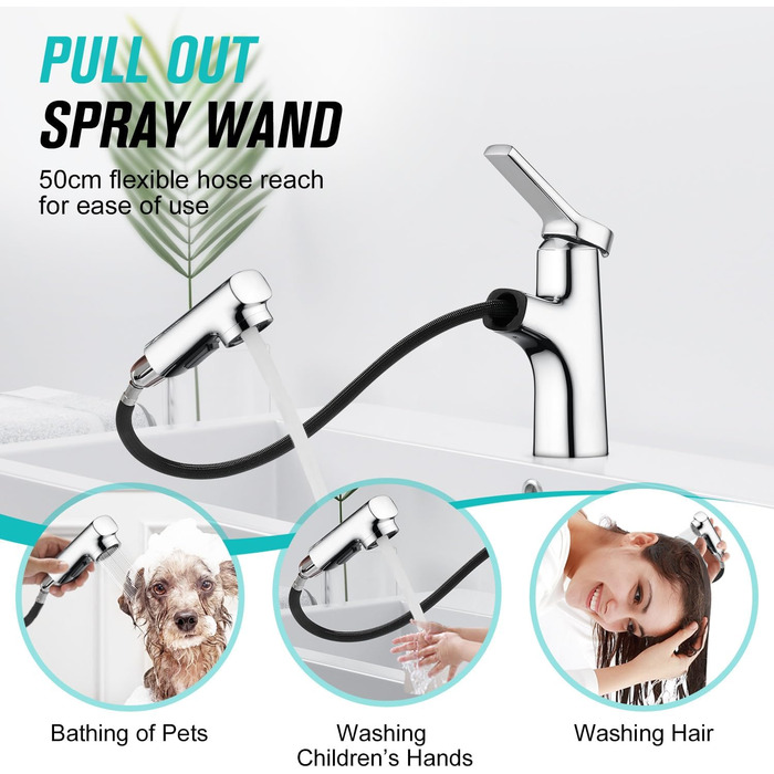 Сучасний змішувач для ванної кімнати CREA з висувною лійкою, 2 режими струменя, з міді, хром, для умивальника