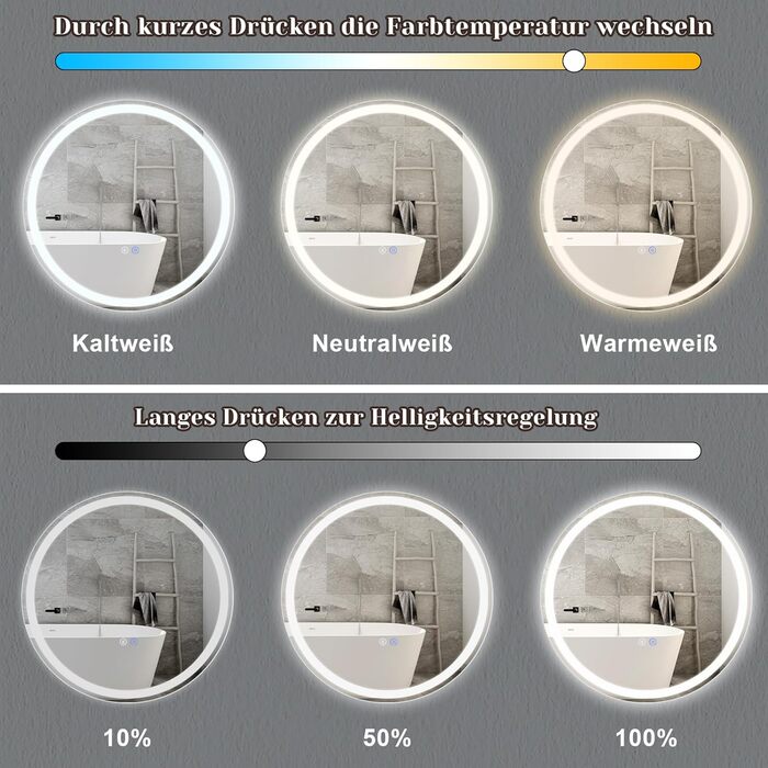 Дзеркало для ванної кімнати Mursche з підсвічуванням LED, 50x70 см, IP44, сенсорний вимикач, годинник, антизапарник, регулювання яскравості 3000K-6500K