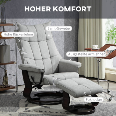 Крісло HOMCOM з пуфом, поворотне, з функцією гойдання, регульована спинка, до 150 кг, сірого кольору