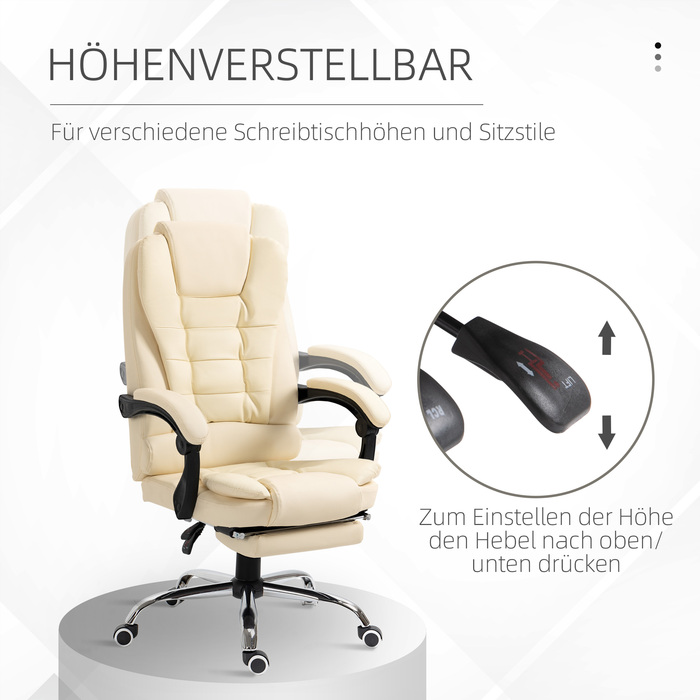 HOMCOM Office Chair with Footrest, Adjustable Backrest, Height Adjustable, Cream, Black, and Silver