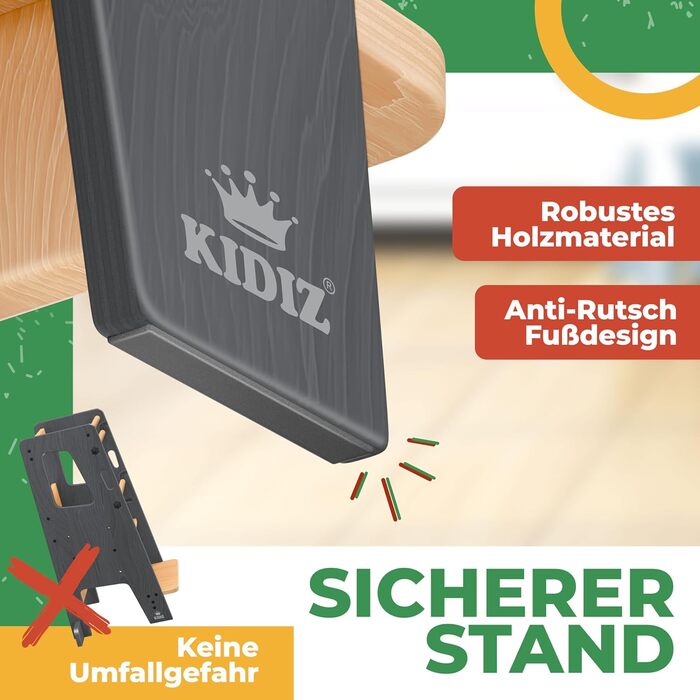 КІДІЗ® навчальний стільчик для дітей від 1 року | 3-ступеневий регульований по висоті | з навчальним годинником | дерев'яний (сосна) | розвиває моторику | Montessori Learning Tower | до 50 кг | антрацит & сосна