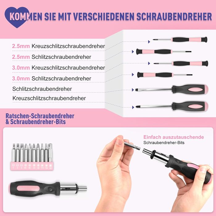 Набір інструментів Sundpey 148 предметів в кейсі - рожевий, з викрутками, ключами, плоскогубцями та тестером напруги для дому та майстерні