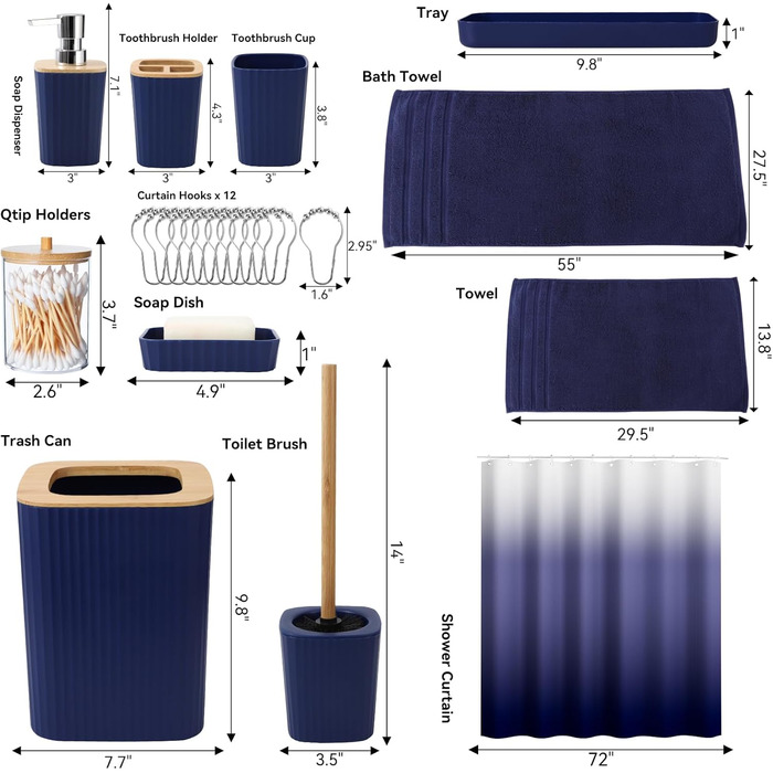 Комплекти аксесуарів для ванної кімнати, 9 предметів: сміттєвий бак, лоток для косметики, дозатор мила, мильниця, стакан для зубної щітки, щітка для унітазу та тримач для ватних паличок (Глиняний, Морська блакить, Комплект для ванної + штора + рушники)