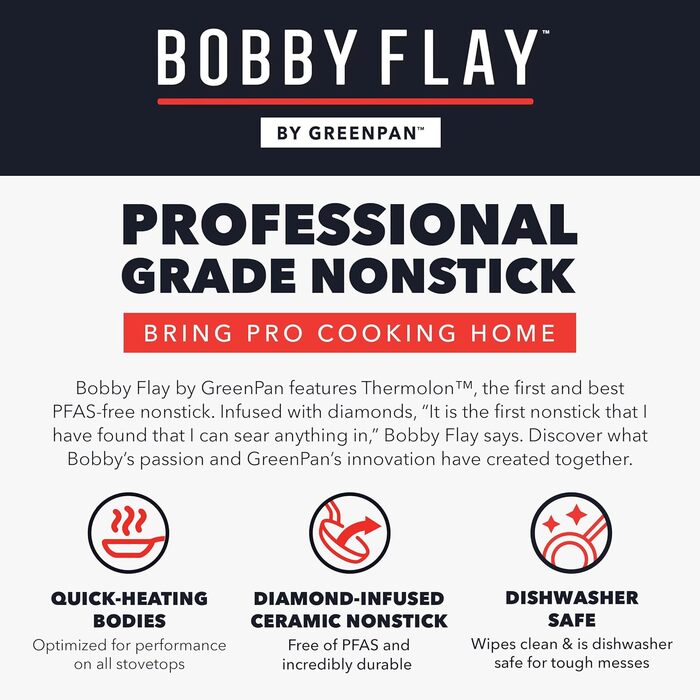 Набір сковорідок GreenPan x Bobby Flay, 20.3 см та 25.4 см, керамічне антипригарне покриття без PFAS та PFOA, індукційне, з силіконовим ручкою, придатні для миття в посудомийній машині та духовці, сірий
