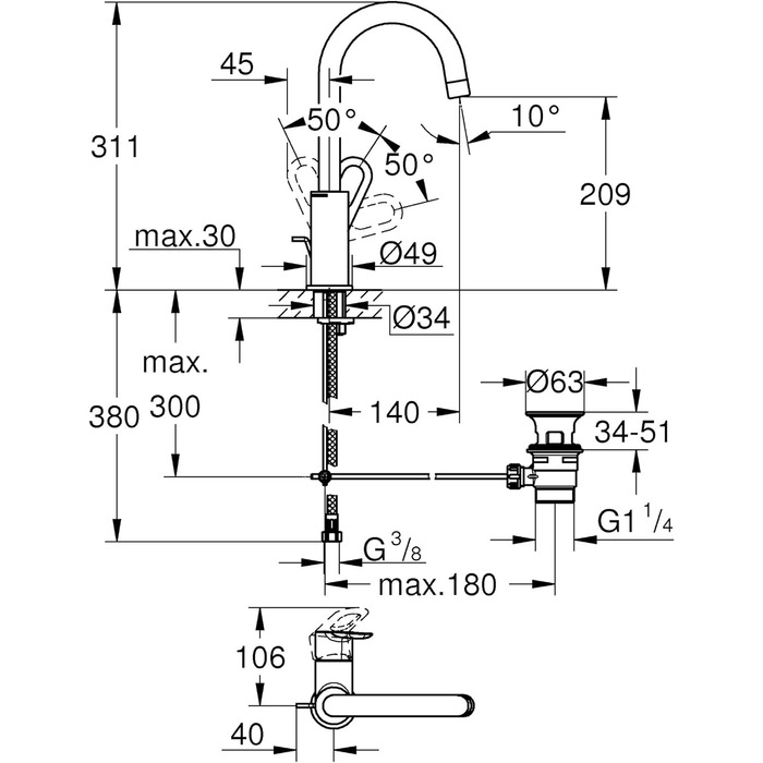 Змішувач для умивальника GROHE QUICKFIX Start Loop (водозберігаюча система, швидка установка, гнучкі з'єднувальні шланги, довговічний), 23349000 (хром, розмір L)