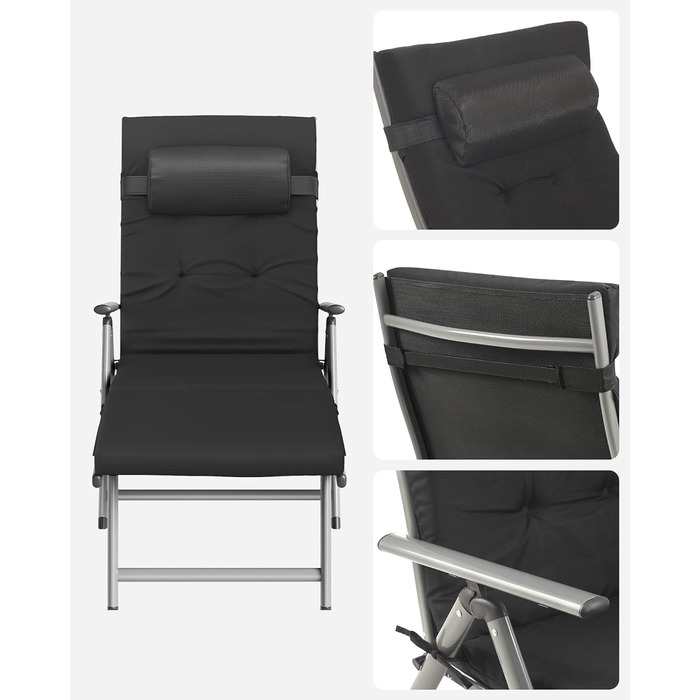 Лежак SONGMICS GCB24BK з товстою матрацом 6 см, алюмінієвий, неслизький, дихаючий, регульований, вантажопідйомність 150 кг, чорний