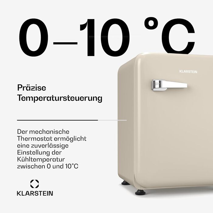 Міні-холодильник Klarstein Audrey Evo 68L: Ретро-дизайн, 40 dB, Компресор, Регульовані ніжки, Двері що відкриваються в обидва боки, для спальні та офісу, Кремовий колір, 68 л, Клас енергоефективності E
