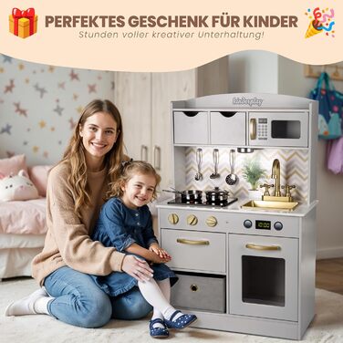 Дерев'яна дитяча кухня Kinderplay з LED та звуками приготування їжі – регульована висота 92–107 см – іграшкова кухня для ролевих ігор від 3 років – повний комплект з аксесуарами, світло-сірий колір Elegant - світло-сірий