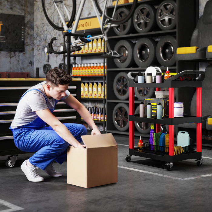 Ящик для інструментів з 3 рівнями, бічні ручки, колеса, пластик, червоний