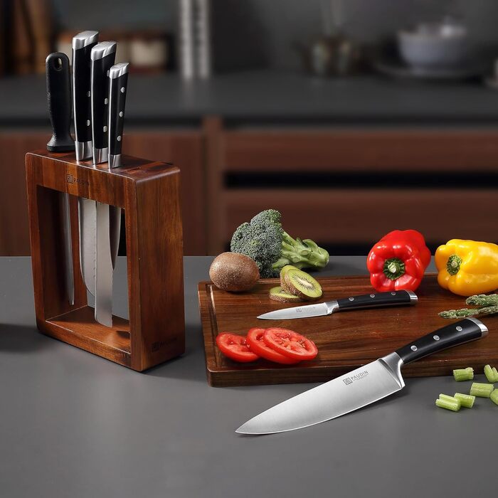 Набір ножів Paudin 7 предметів з дерев'яним блоком: кухонні ножі з нержавіючої сталі та ABS ручками