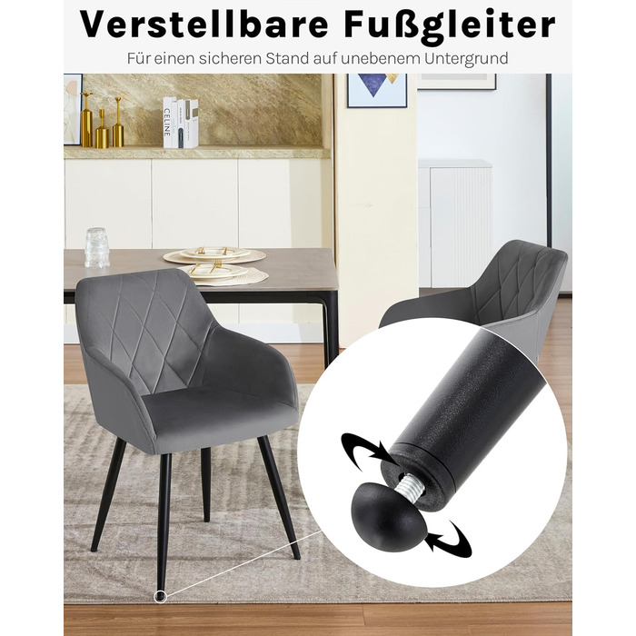 Набір обідніх стільців WOLTU з підлокітниками та спинкою, для кухні, вітальні, їдальні, м'який оксамитовий чохол, металеві ніжки, темно-сірий, 8 шт.