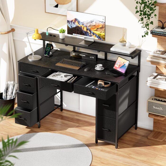 Комп'ютерний стіл з 8 висувними ящиками, 2 розетками, 2 USB-портами, LED-підсвічуванням та підставкою для монітора, 120 x 50 x 74 см (Чорний)