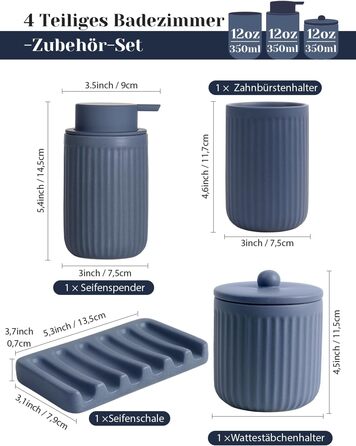Набір для ванної кімнати блакитний, 4 шт. з кераміки: дозатор для мила 350 мл, стаканчик для зубної щітки, мильниця, контейнер для ватних паличок. Декоративний набір для раковини
