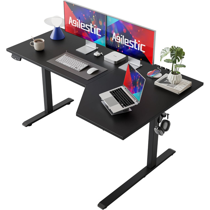 Електричний столик Agilestic L-подібної форми, 150 см, регульована висота, для дому та офісу, ергономічний стіл з роздільною панеллю, білий (чорний, 150x90 см)