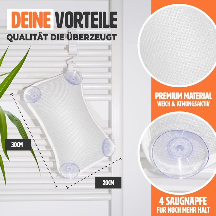 Підголовник для ванни – якісна підтримка шиї та спини – з 4 міцними присосками та інтегрованим гачком (білий)