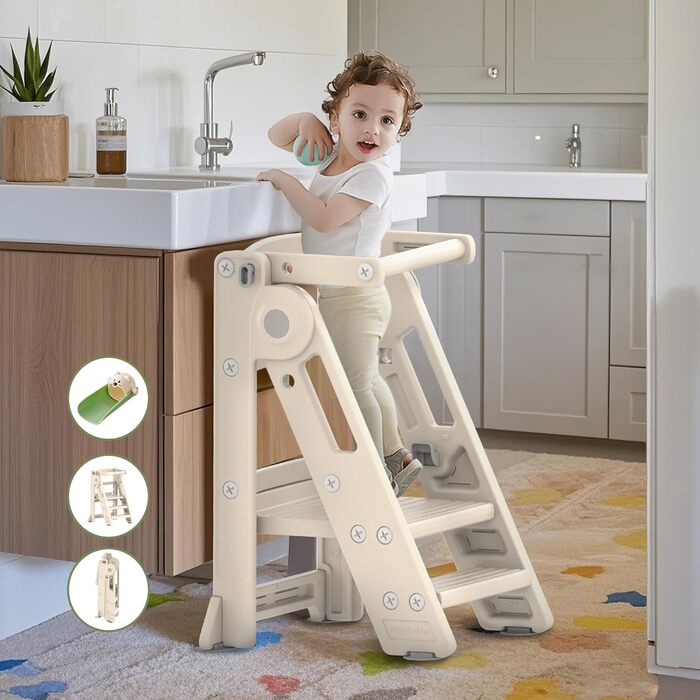 Стілець-сходинка для дітей Hoopyosms: регульована висота, складний, Montessori, для кухні, ванної кімнати та дитячої кімнати, від 1 року (Classic, Бежевий)