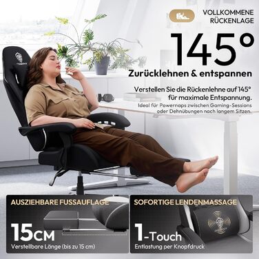 Ігровий крісло Dowinx з підголівником та підставкою для ніг, тканинне, з масажем, чорно-зелений, великий розмір