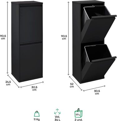 Сталевий кошик для сміття ARREGUI Basic CR206-B, система відділення сміття з 2 внутрішніми пластиковими знімними відрами з ручкою, 2 x 17 л (34 л), чорного кольору