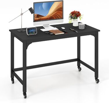 Письмовий стіл з коліщатками, Комп'ютерний стіл з металевим каркасом, Робочий стіл з 4 колесами, Офісний стіл рулонний, Стіл для ПК, 120 x 60 x 76 см, Black Carbon Black