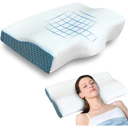 Ортопедична подушка для сну ZHOOGE, подушка з піни з ефектом пам'яті, подушка для шиї, знімна ергономічна подушка для шиї, знімає біль в голові, плечі і шиї,білий синій, 50*30*10/6 см