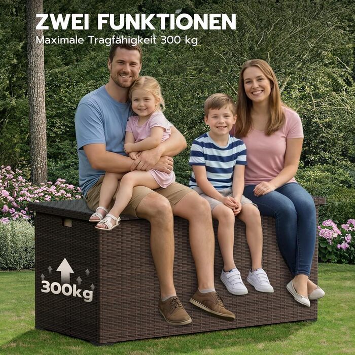 Водонепроникний садовий ящик Amopatio Gartenbox 650л з поліротангу для подушок, металевий з газовими амортизаторами, для саду та балкону, коричневий