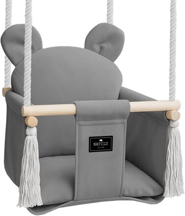 NATILU® Дитяча гойдалка для дому та саду | Велюр Сірий Ведмідь | Дерев'яна гойдалка | Гойдалка для малюків | Гойдалка для саду | Гойдалка для дітей від 6 місяців