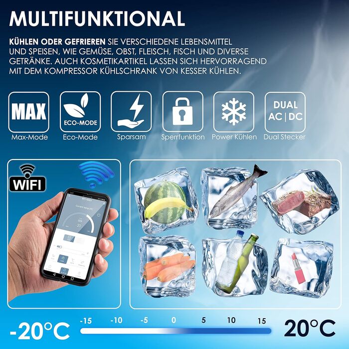 Холодильник KESSER® Kompressor 30л, -20°C, з APP-керуванням, USB, 12/24V/230V, для авто/човнів, сірий