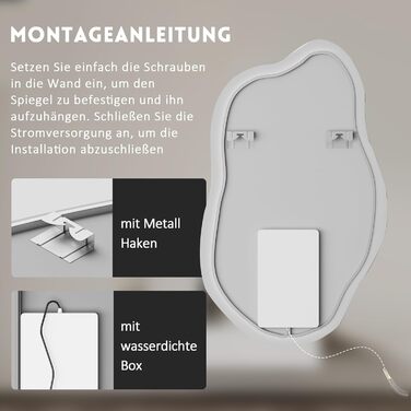 Дзеркало для ванної кімнати Badspiegel 70x50см з підсвічуванням 3 кольори, сенсорне керування, прямокутне, 62x90см, енергоклас A++