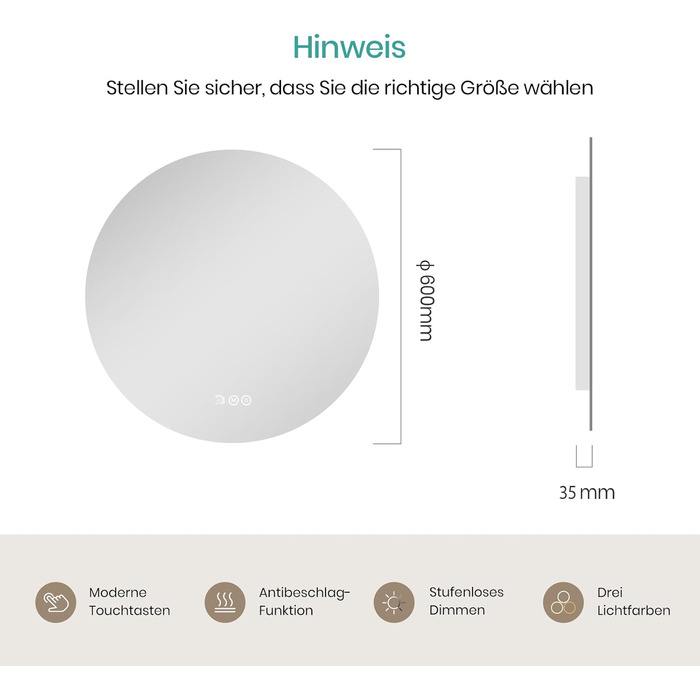 Дзеркало для ванної кімнати EMKE з підсвічуванням, 50 см, кругле, без рами, з регулюванням яскравості, 3 кольори світла, антизапар, сенсорне управління, функція пам'яті, 60x60 см