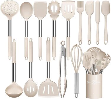 Набір кухонних аксесуарів Umite Chef, 15 предметів, силікон, термостійкий, антипригарний, без BPA, нержавіюча сталь, лопатка, ложка, щипці, вінчик, кухонне приладдя, хакі