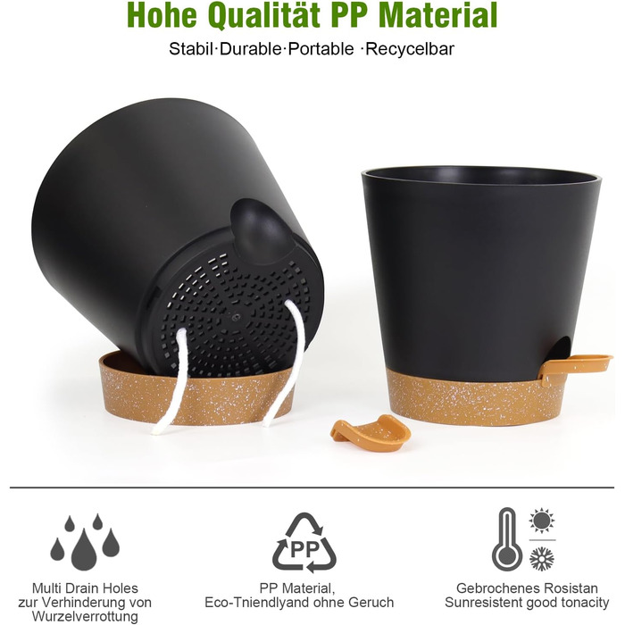 Набір горщиків для квітів 6 шт. з автополивом, 20.3-12.7 см, з підставкою, для дому та балкону, чорний/коричневий