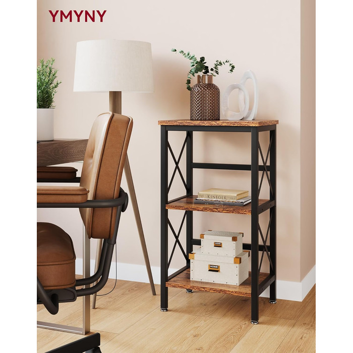 Стелаж для книг YMYNY, підлоговий з 3 полицями, стабільний Х-подібний каркас, регульовані ніжки, проста збірка, 40×29×75 см, для вітальні, спальні, кухні, кабінету, ванної кімнати, рустикальний коричневий HST008H
